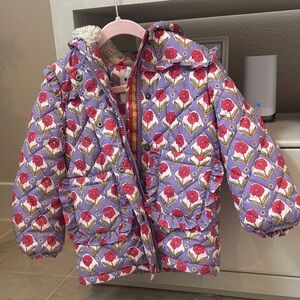 Mini Boden Girls Purple and Red Floral Print Fleece Jacket Coat Puffer
